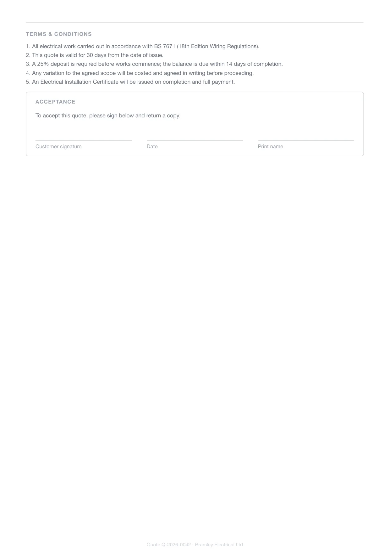 Page 2 of a electrician's Larzo quote — the trade's own terms and conditions and the customer signature block