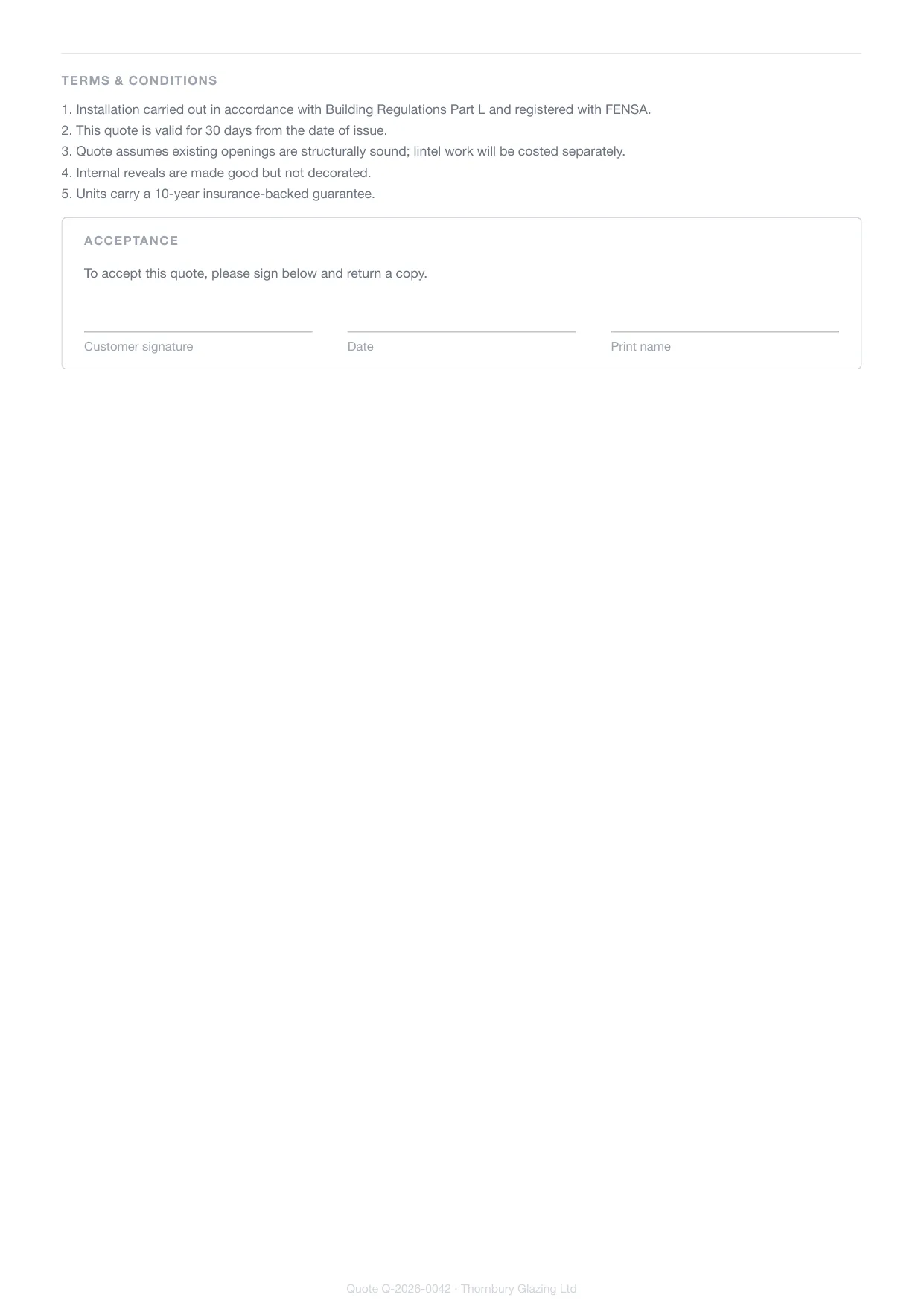 Page 2 of a glazier's Larzo quote — the trade's own terms and conditions and the customer signature block