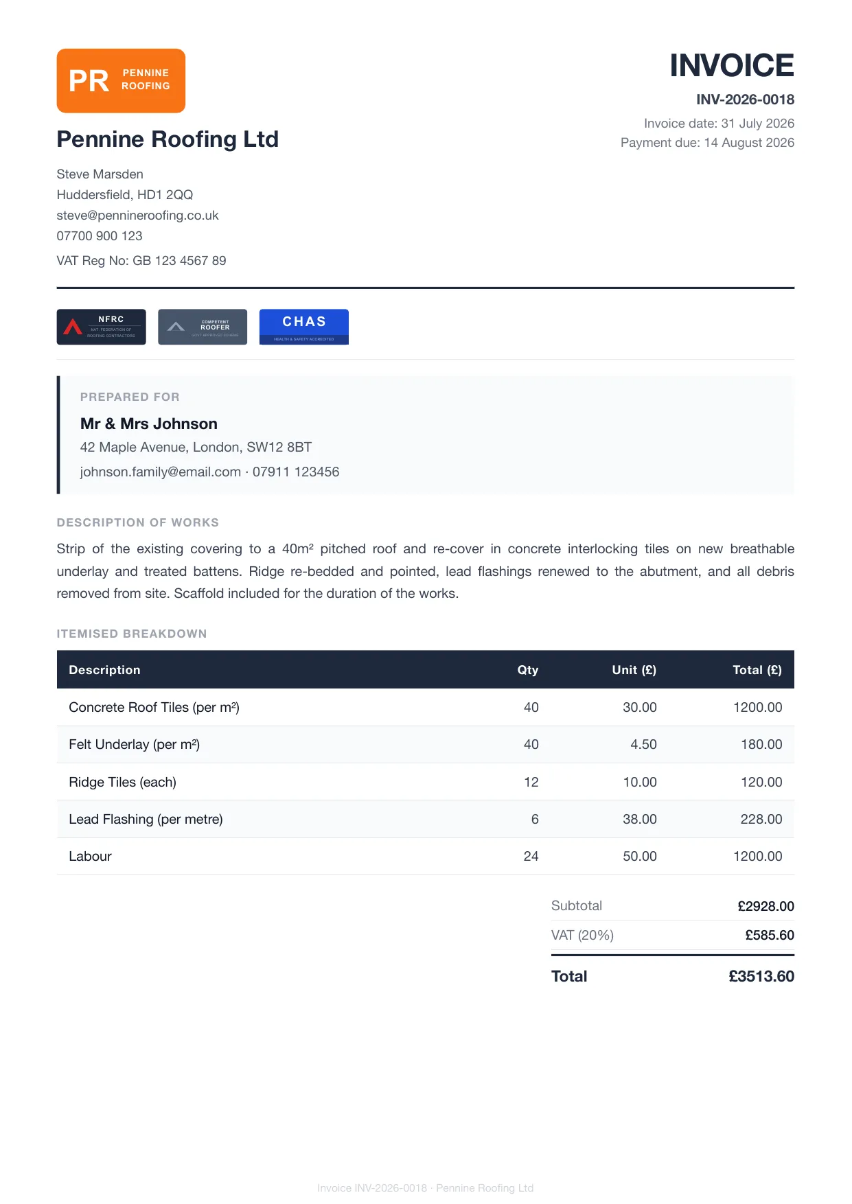 Example Larzo invoice PDF for roofers, with bank details and payment due date