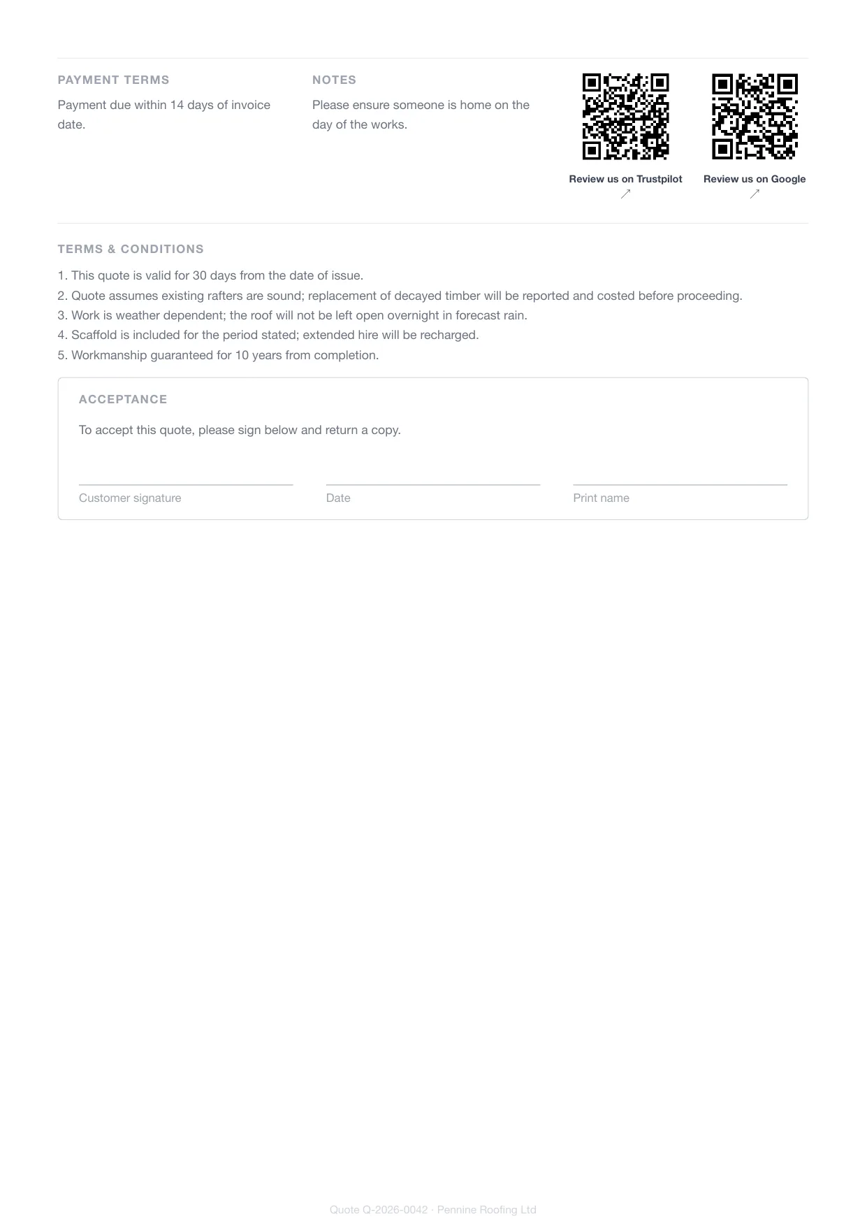Page 2 of a roofer's Larzo quote — the trade's own terms and conditions and the customer signature block